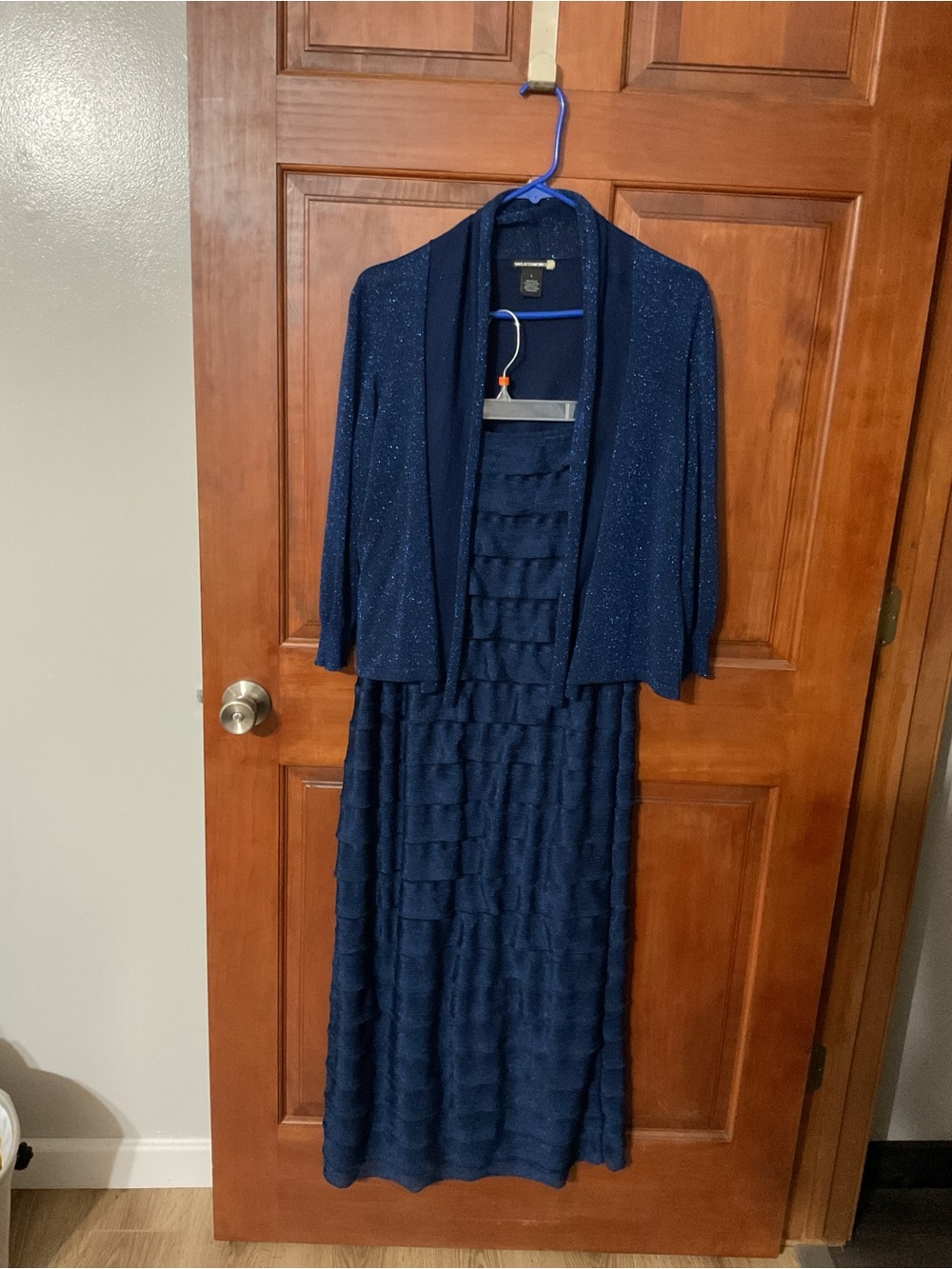 Elegant Navy Blue Ruffle Maxi Dress with Sparkle Jacket
